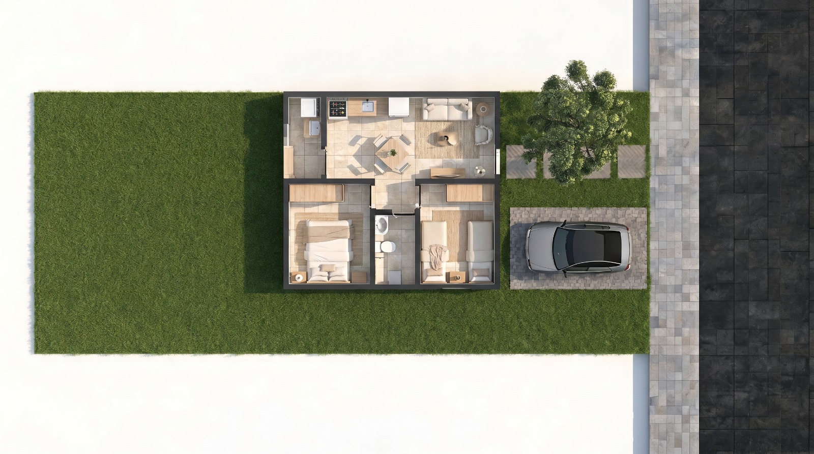 Jatobá I — planta 3D detalhada com jardim e garagem
